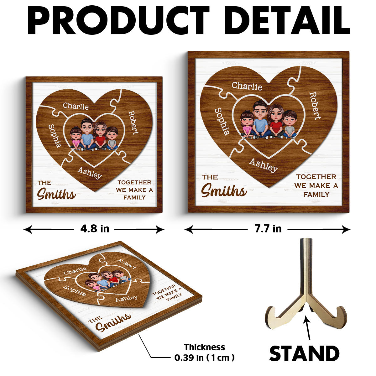 Together We Make A Family Puzzle Heart Personalized 2-Layer Wooden Plaque