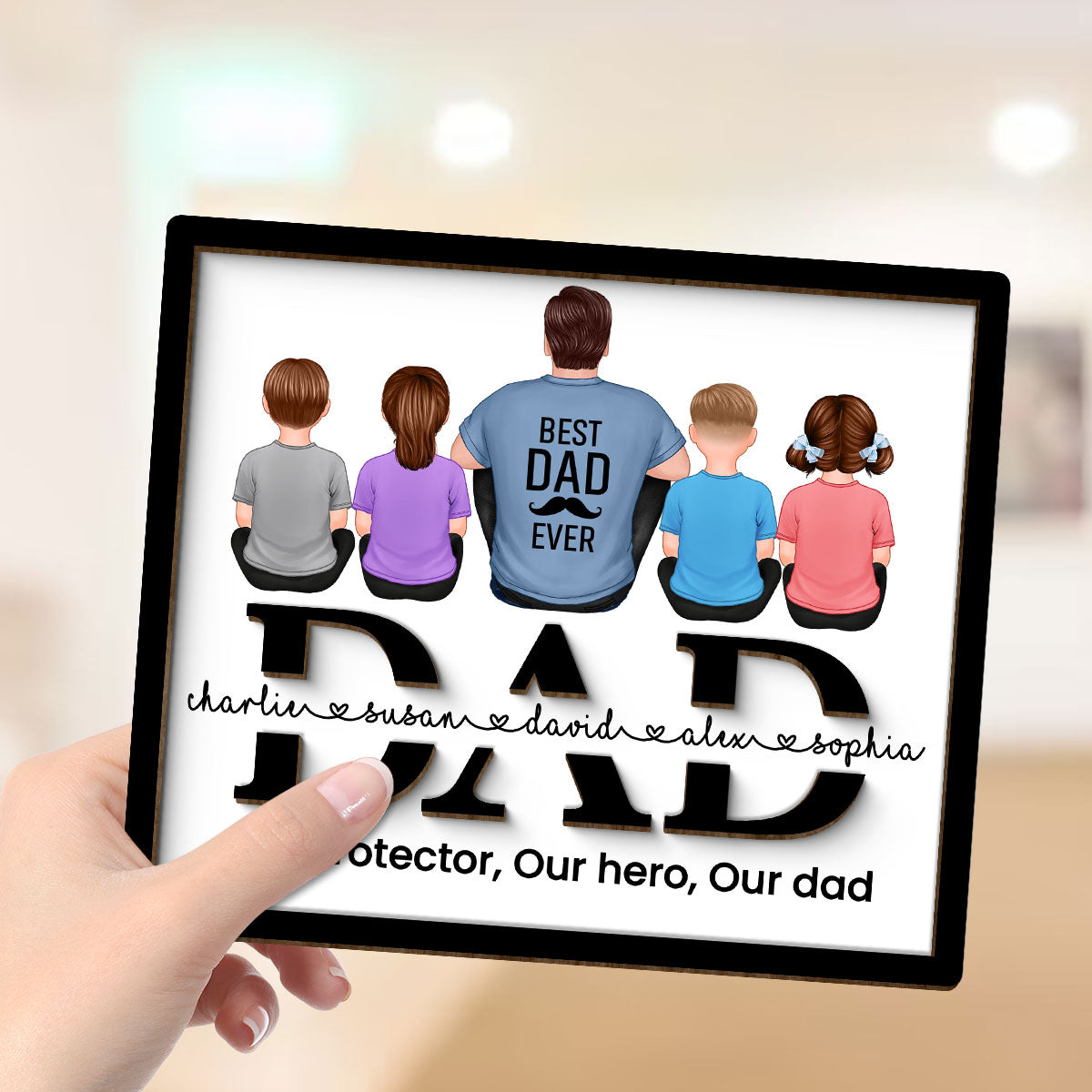 Dad And Kids Back View Sitting On Text Personalized 2-Layer Wooden Plaque