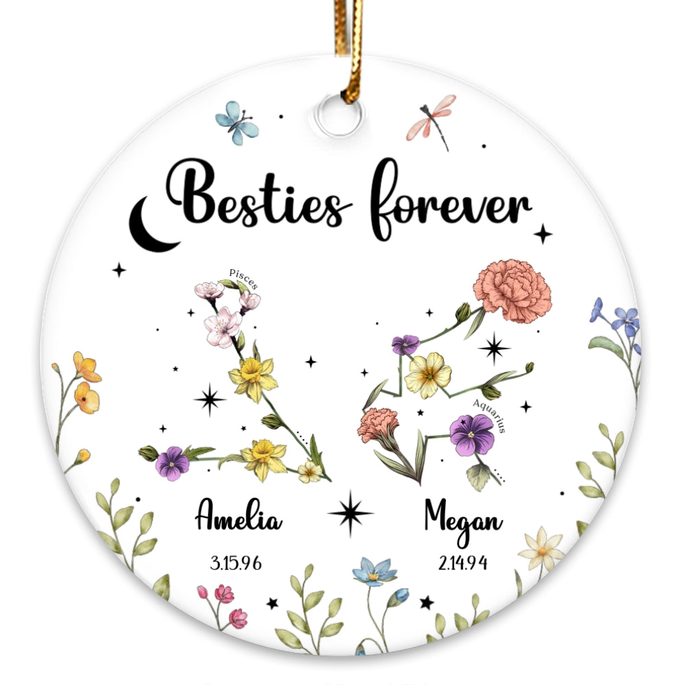 Sisters Besties Friends Zodiac Birth Month Flowers Personalized Circle Ornament, Christmas Gift