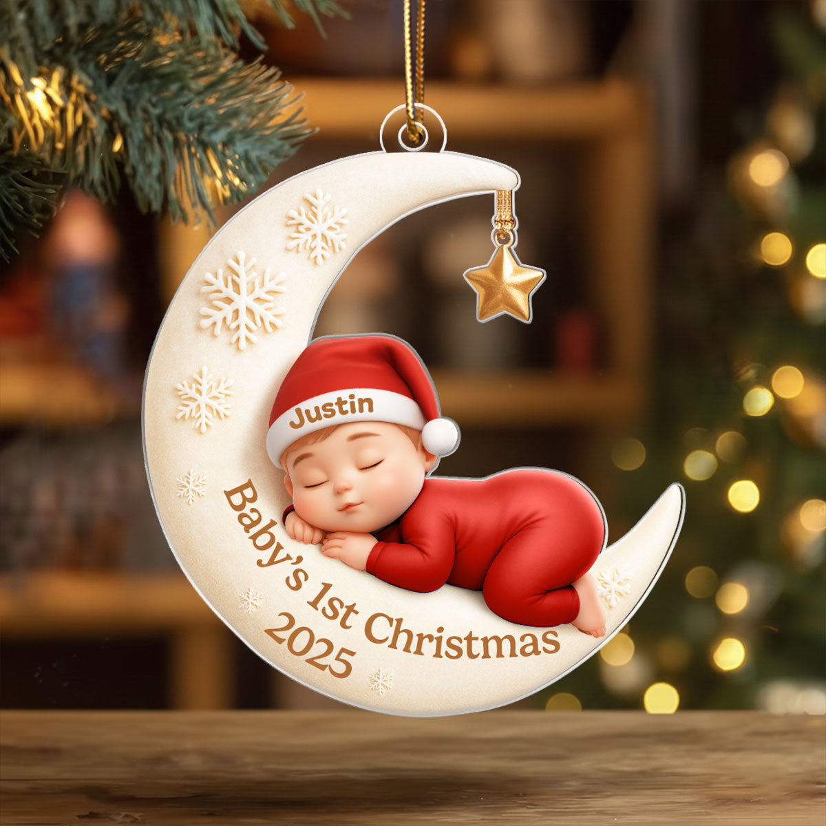 Baby Sleeping on Moon - Personalized Acrylic Ornament - Baby's First Christmas Keepsake, Gift for Grandkids, Baby, Newborn