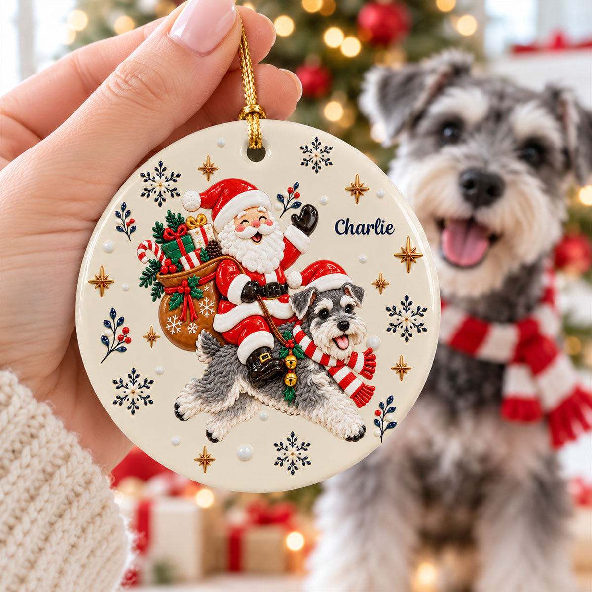 Santa On Dog's Back Upload Pet Photo 2D Flat Printed - Personalized Ceramic Ornament - Christmas Tree Decor For Dog Lover
