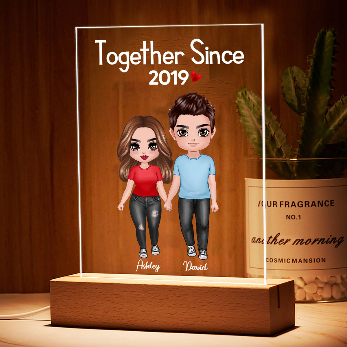 Doll Couple Standing  Anniversary Gift For Him Gift For Her Personalized Rectangle Acrylic Plaque LED Lamp Night Light