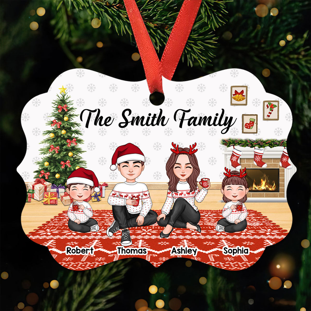 Christmas Cute Family Sitting In House Personalized Christmas Ornament