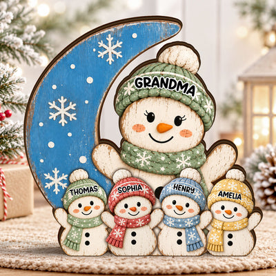 Cozy Rustic Christmas Vibe Grandma Grandkids On Moon - Personalized Wooden Block Plaque - Christmas Decor For Grandparents