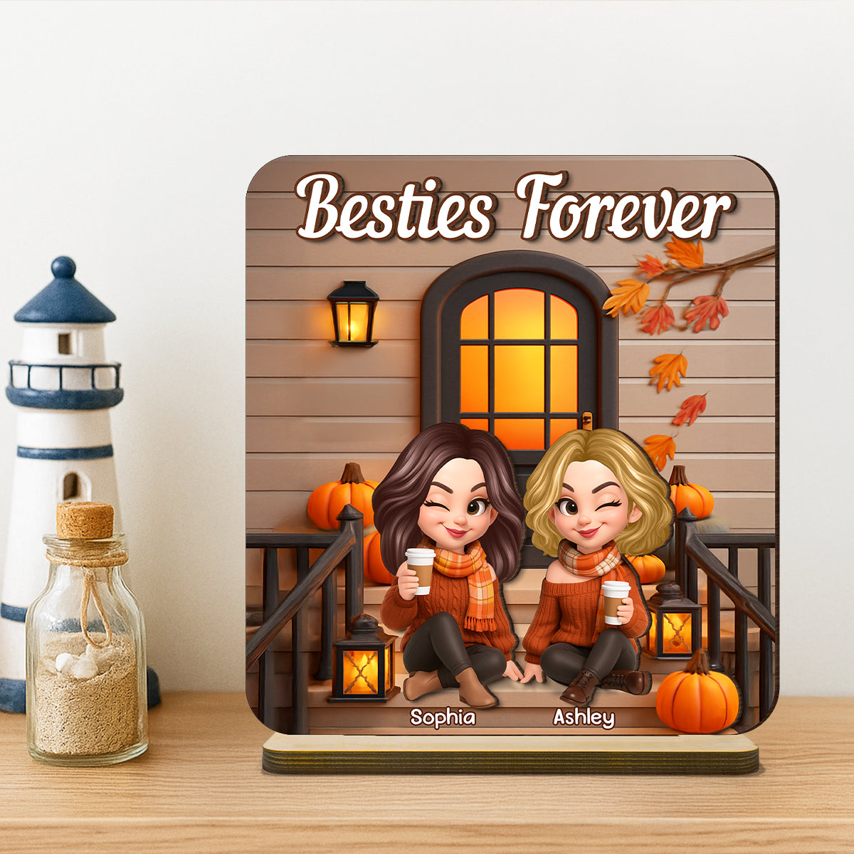 Fall Season Besties Forever Personalized Standing Wooden Plaque, Fall Gift for Best Friends