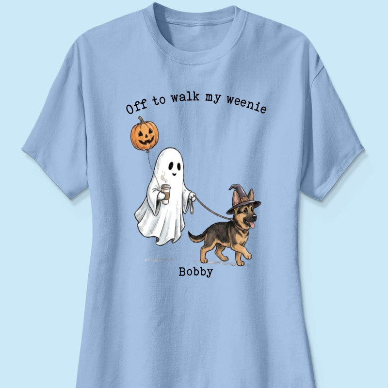 Off to Walk My Dog - Personalized Shirt - Halloween Spooky Ghost Trendy Tee for Dog Moms, Dog Dads
