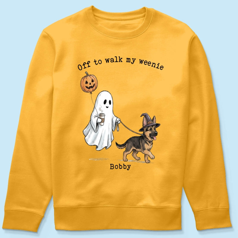Off to Walk My Dog - Personalized Shirt - Halloween Spooky Ghost Trendy Tee for Dog Moms, Dog Dads