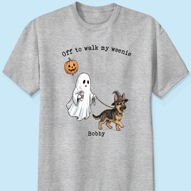 Off to Walk My Dog - Personalized Shirt - Halloween Spooky Ghost Trendy Tee for Dog Moms, Dog Dads