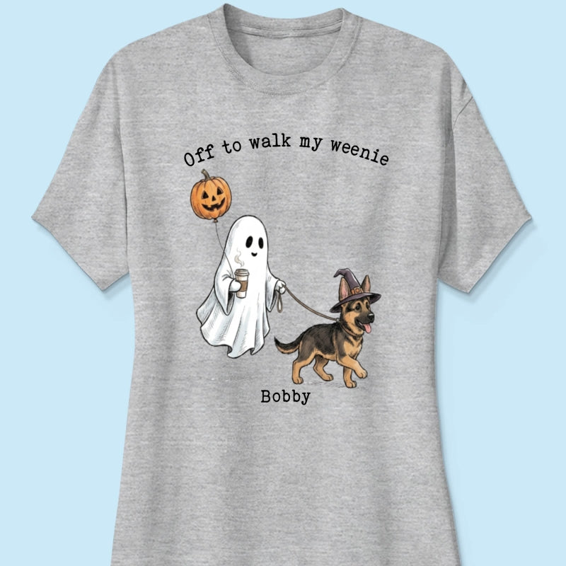 Off to Walk My Dog - Personalized Shirt - Halloween Spooky Ghost Trendy Tee for Dog Moms, Dog Dads