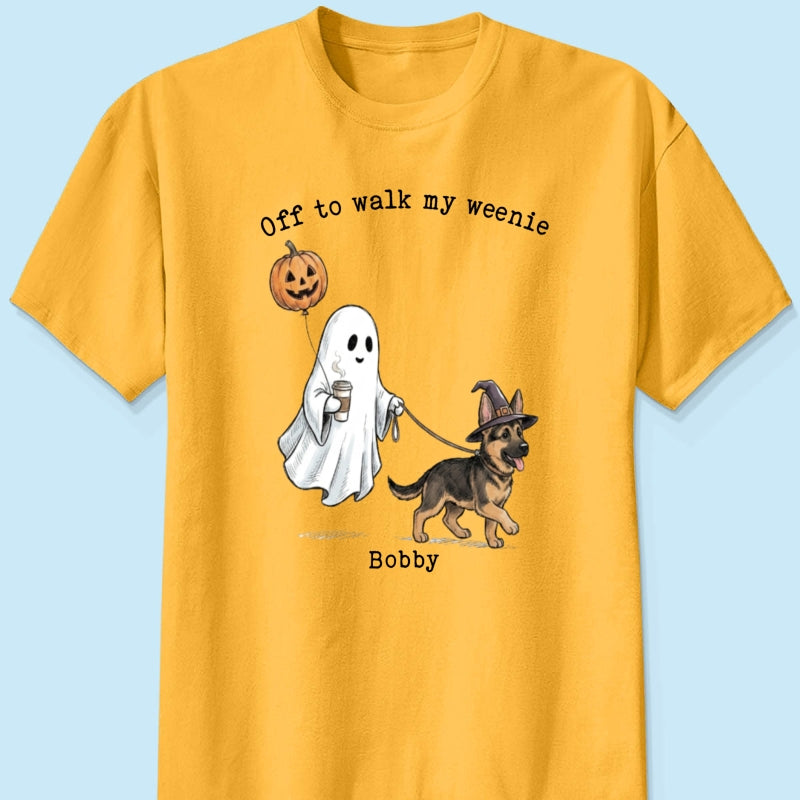Off to Walk My Dog - Personalized Shirt - Halloween Spooky Ghost Trendy Tee for Dog Moms, Dog Dads