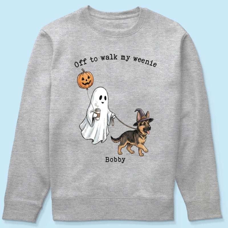 Off to Walk My Dog - Personalized Shirt - Halloween Spooky Ghost Trendy Tee for Dog Moms, Dog Dads