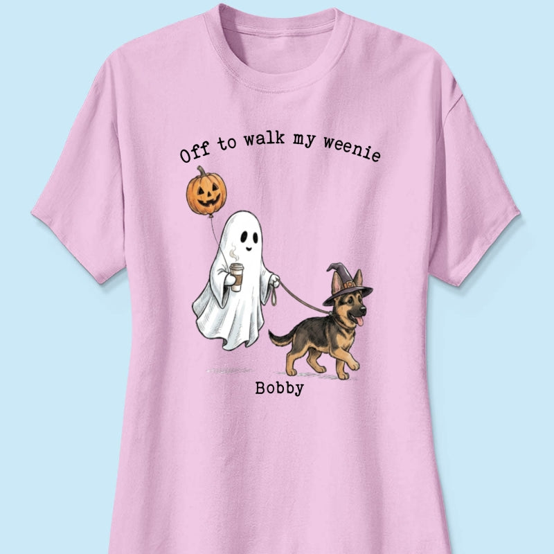 Off to Walk My Dog - Personalized Shirt - Halloween Spooky Ghost Trendy Tee for Dog Moms, Dog Dads