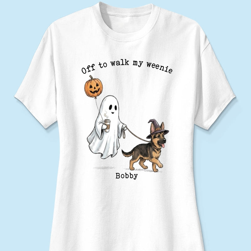 Off to Walk My Dog - Personalized Shirt - Halloween Spooky Ghost Trendy Tee for Dog Moms, Dog Dads