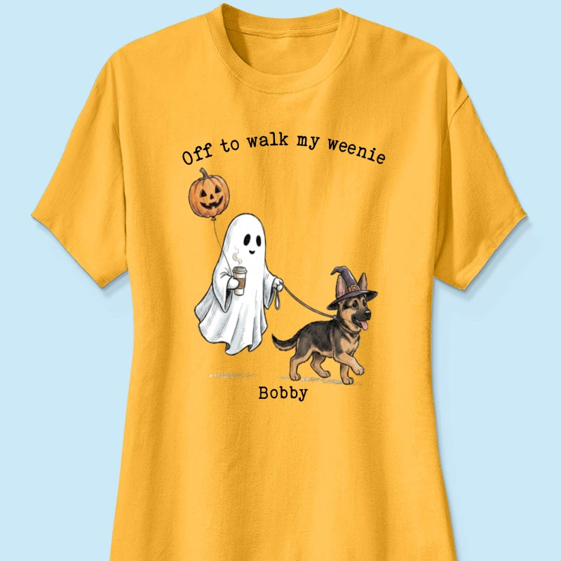 Off to Walk My Dog - Personalized Shirt - Halloween Spooky Ghost Trendy Tee for Dog Moms, Dog Dads