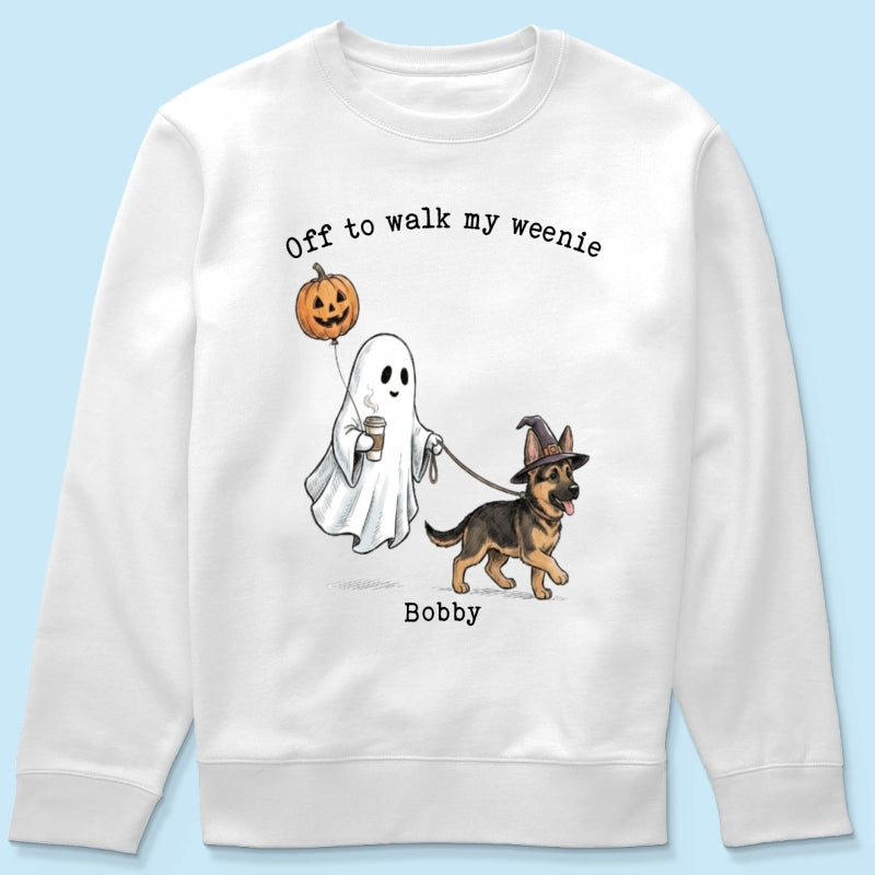 Off to Walk My Dog - Personalized Shirt - Halloween Spooky Ghost Trendy Tee for Dog Moms, Dog Dads