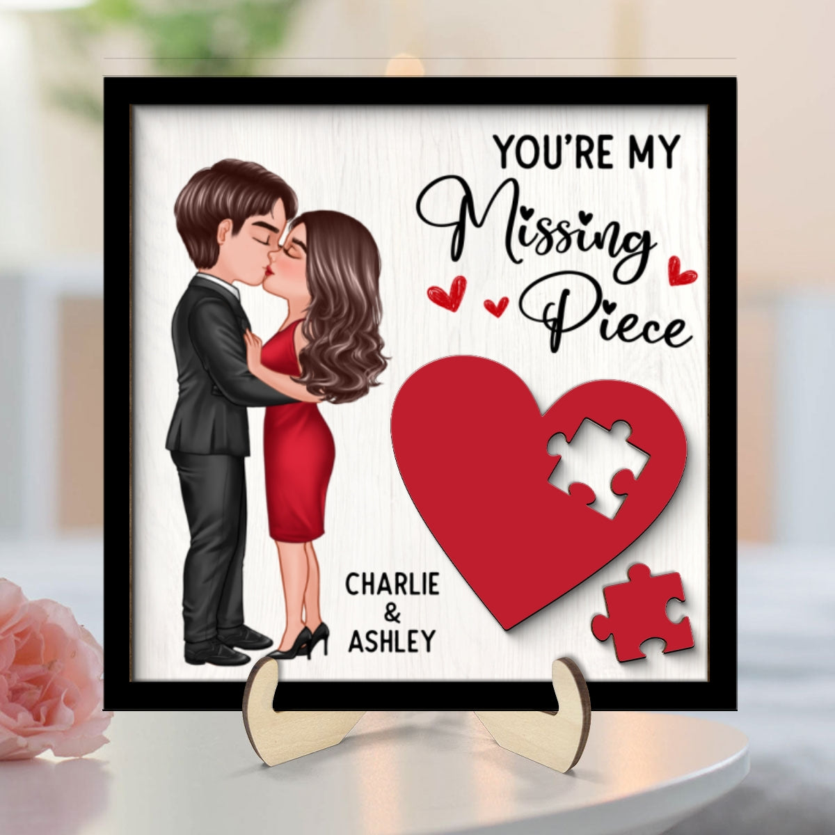 You're My Missing Piece Red Heart  Gift For Him For Her Personalized 2-layer Wooden Plaque