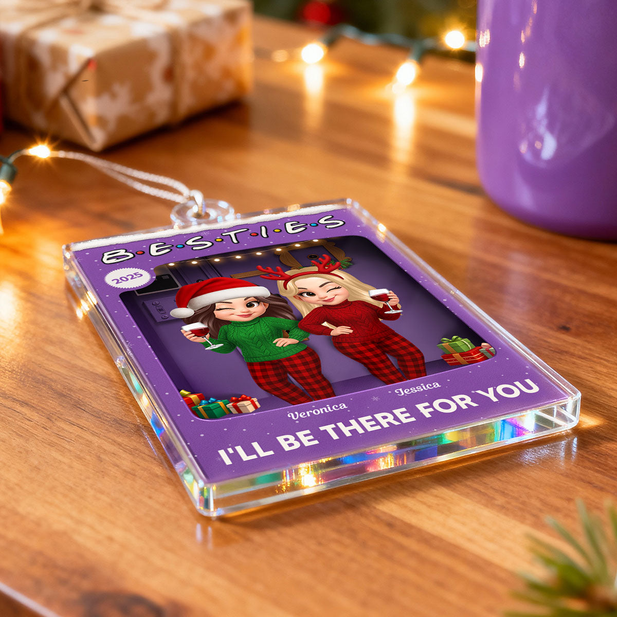 3D Effect Pretty Girl Best Friends Purple Toy Box Style - Personalized Acrylic Ornament - Christmas Gift For Besties