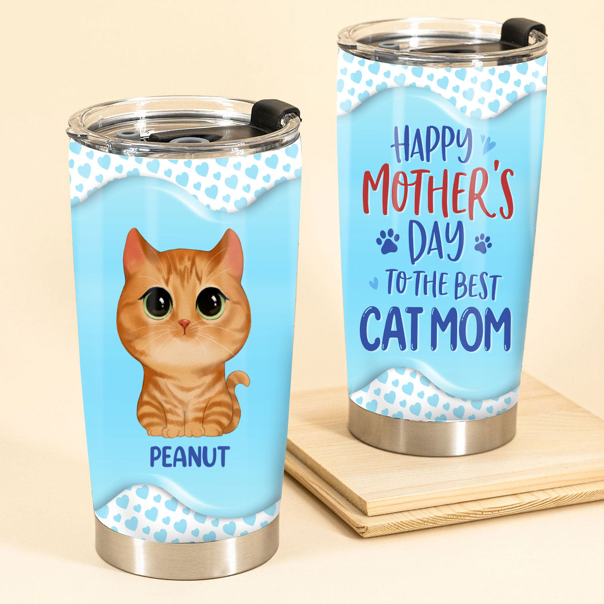 Blue Hearts Pattern Watercolor Cute Cats Gift For Cat Mom Personalized Tumbler