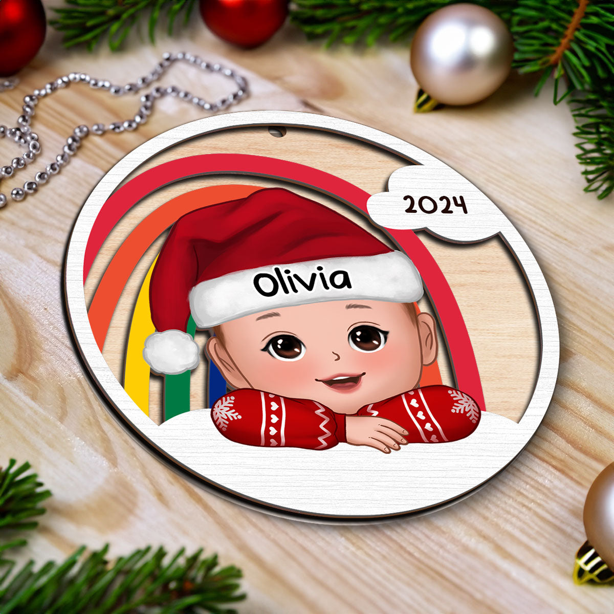 Cute Kid Rainbow Christmas Decor For Son Daughter Grandchildren Personalized 2-Layer Wooden Ornament