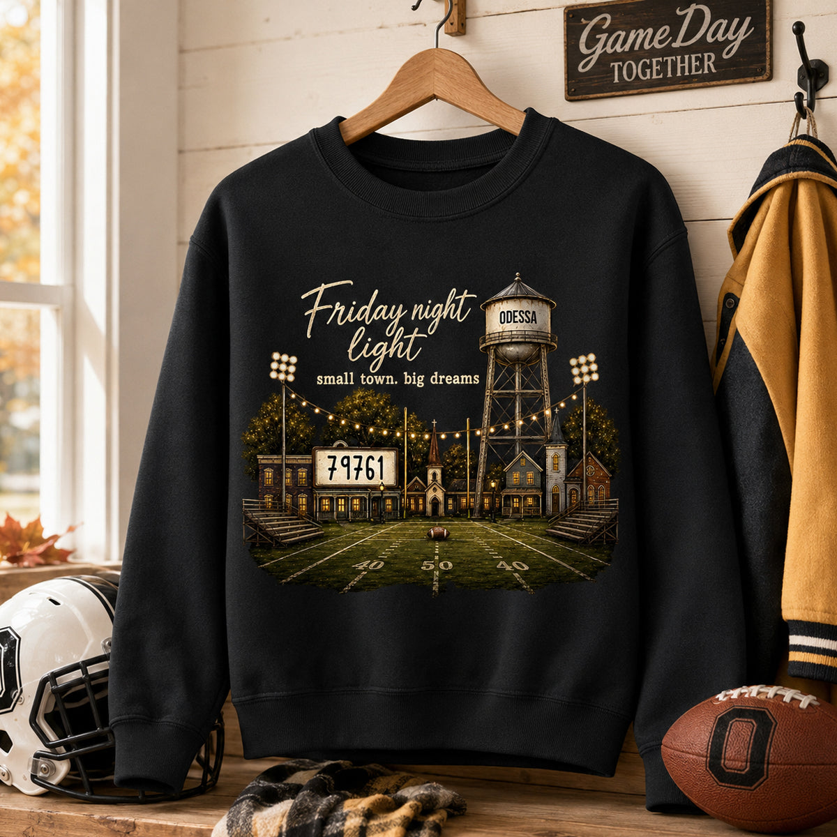 Football Friday Night Light Small Town Big Dreams - Personalized Shirt - Custom Town Name & Zip Code
