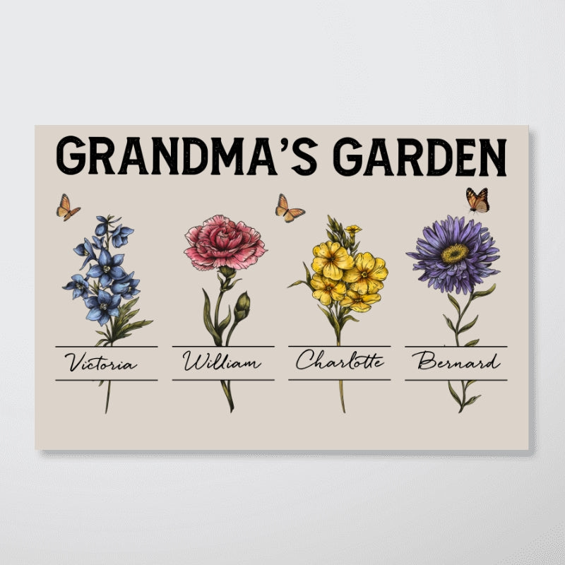 Gift For Grandma Grandma‘s Garden Beautiful Vintage Birth Month Flower With Names Personalized Horizontal Poster