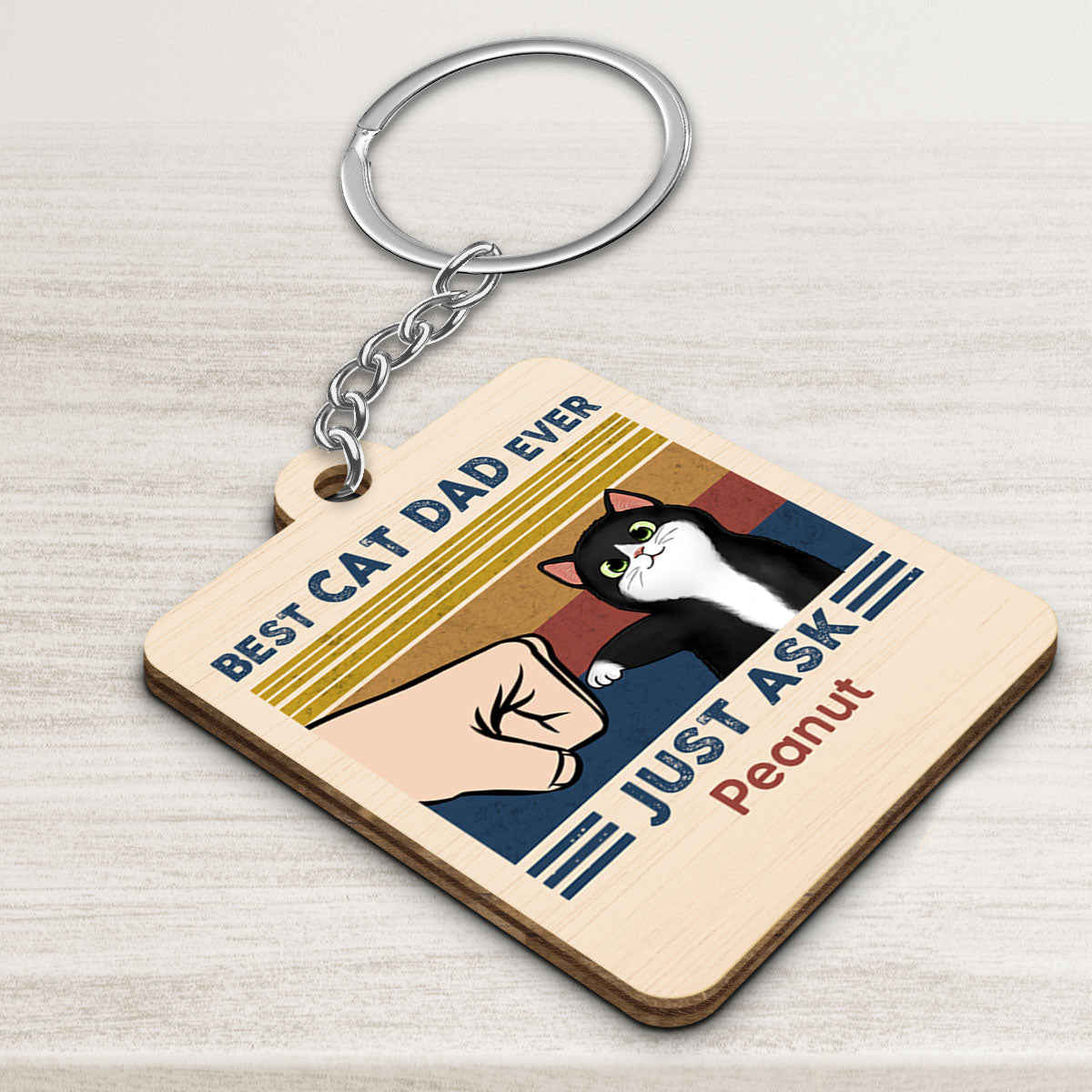 Best Cat Dad Fluffy Cat Personalized Wooden Keychain