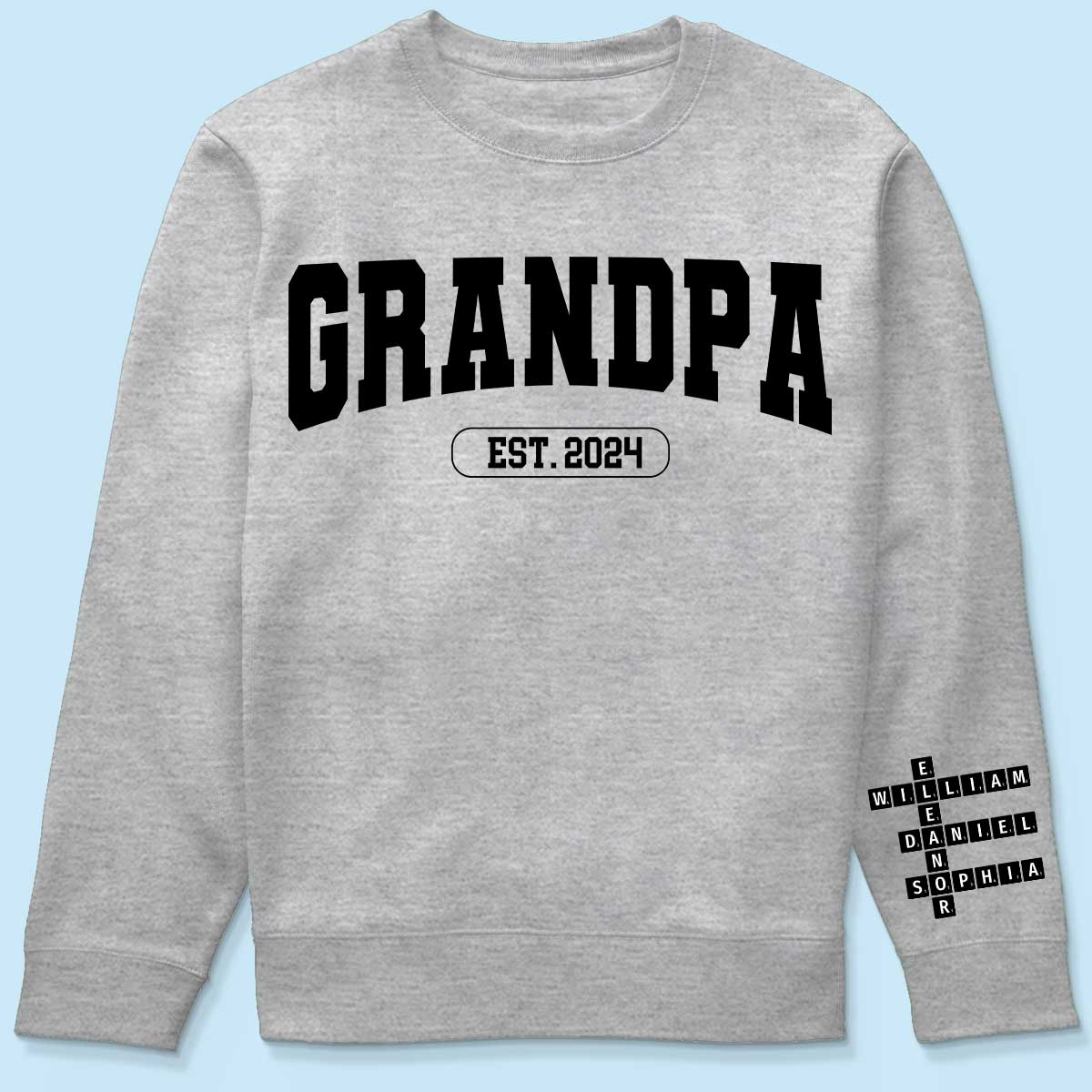 Grandpa Est Date Grandkids Names Crossword Puzzle Personalized Sleeve Printed Sweatshirt