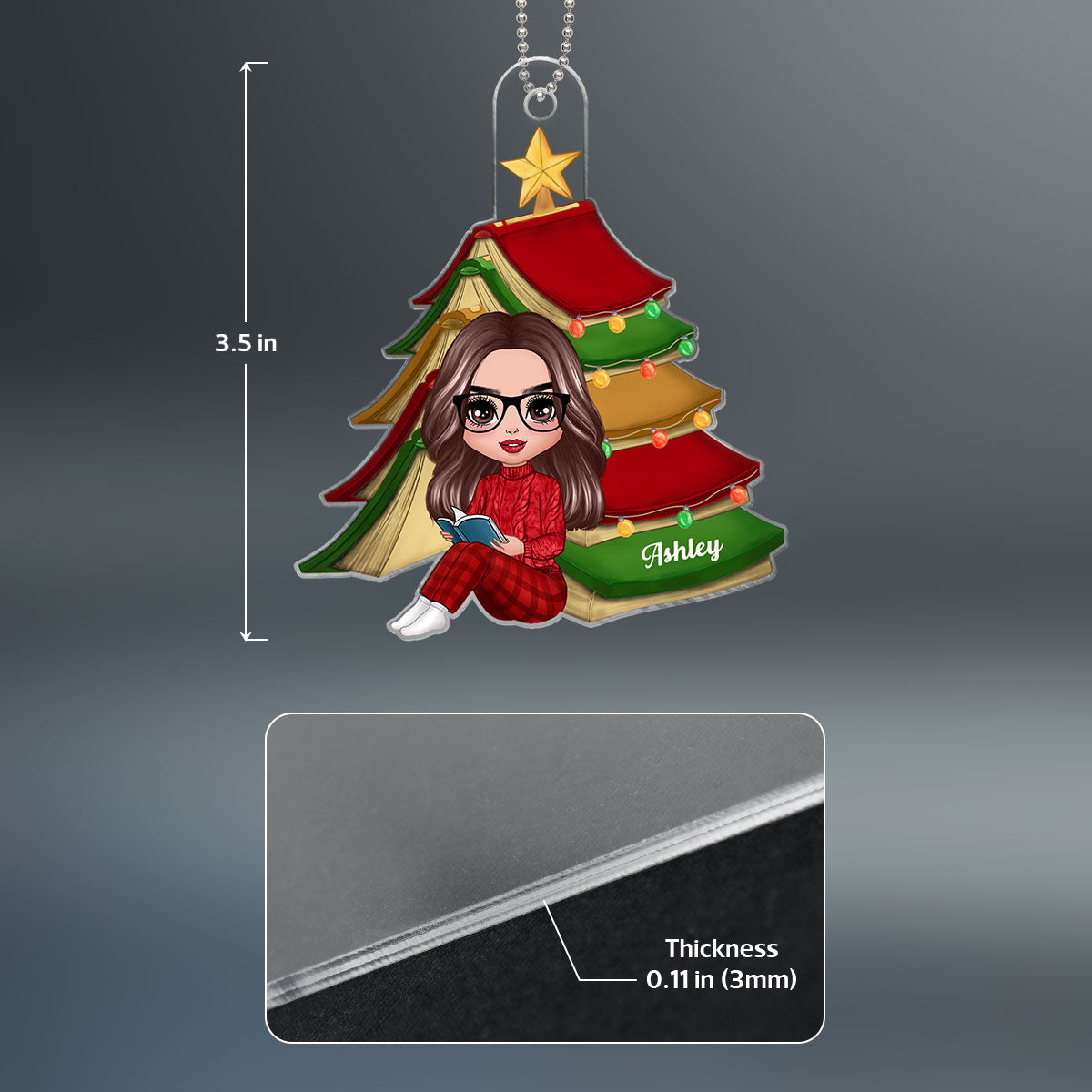Christmas Book Tree Reading Girl Sitting Personalized Acrylic Ornament