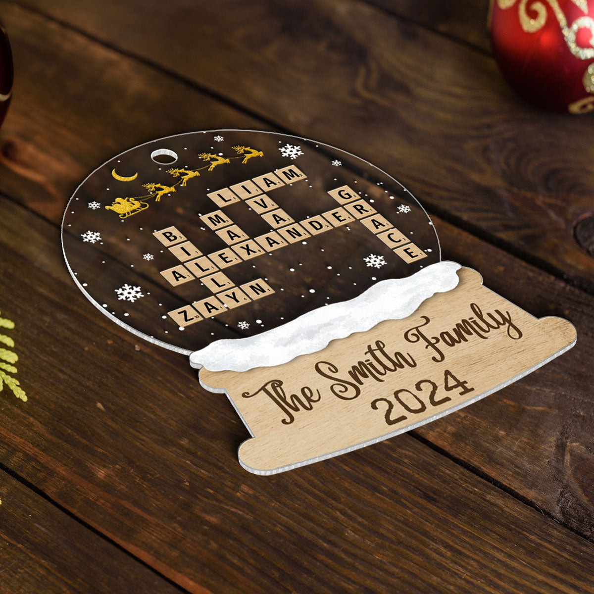 Snow Globe Christmas Sleigh Family Puzzle Crossword Personalized Acrylic Ornament, Christmas Gift For Family
