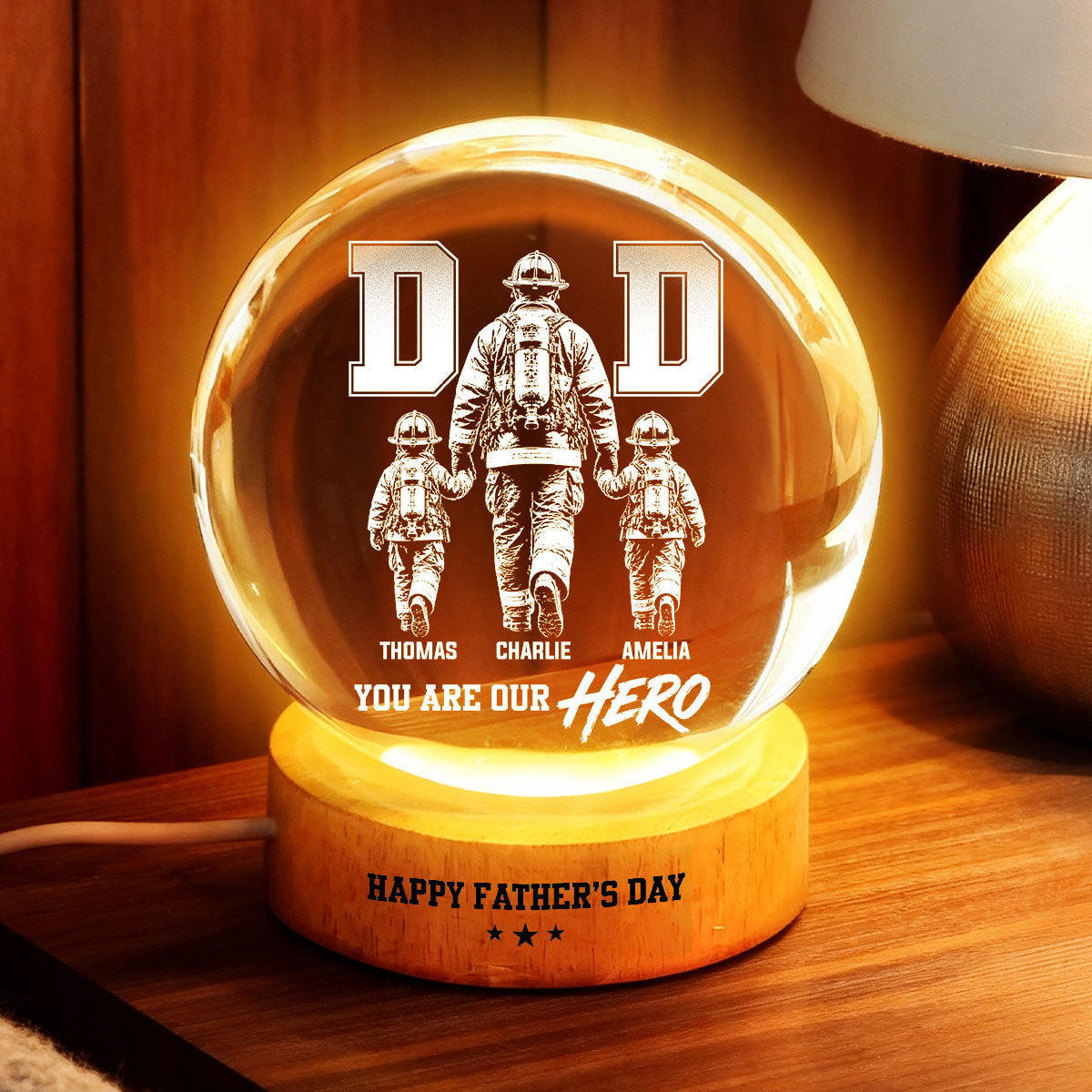 Proud Firefighter Dad You Are Our Hero - Personalized Crystal Ball LED Night Light - Father's Day Gift For Dad, Husband
