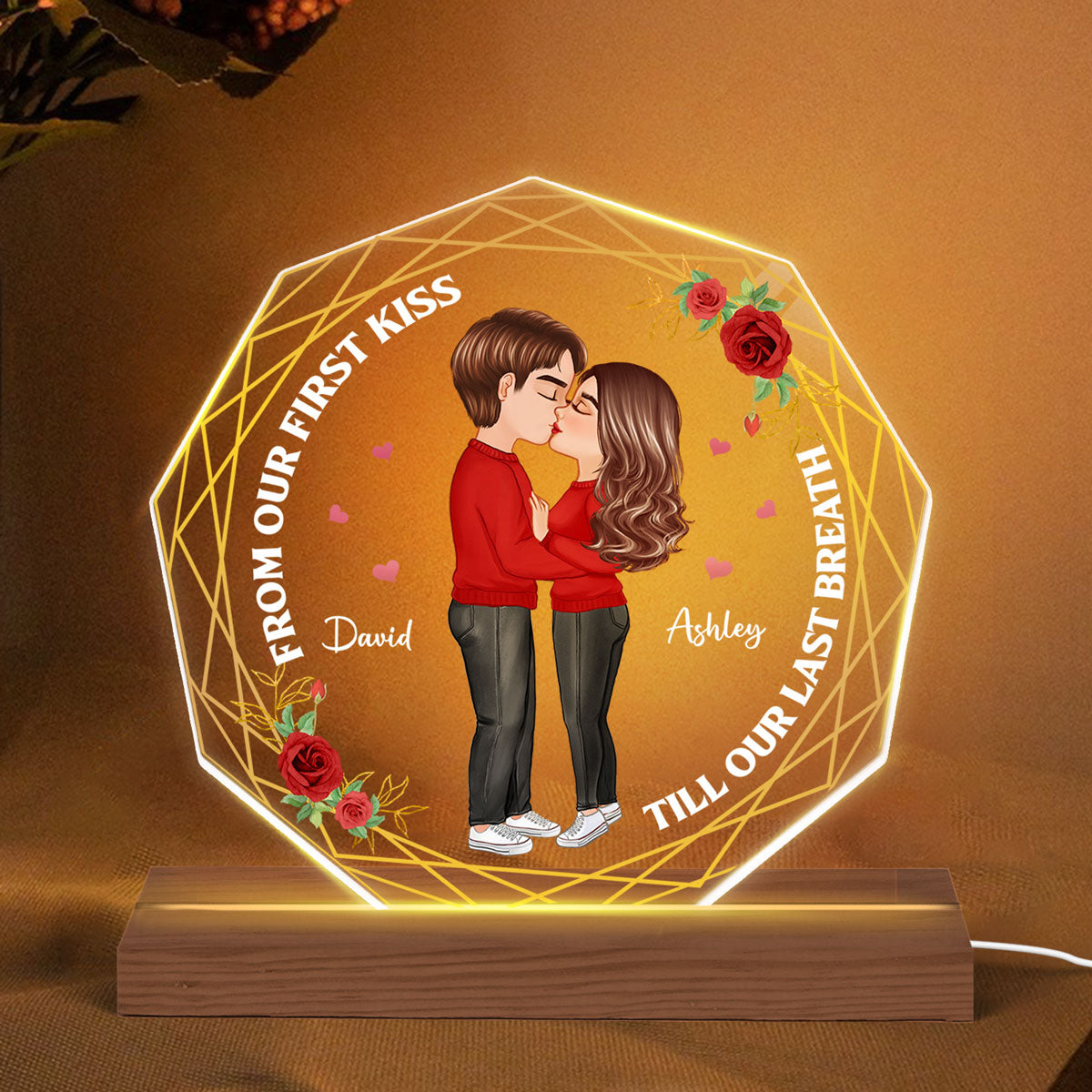 Doll Couple Kissing Nonagon Personalized Custom Shape LED Night Light - Gift For Him Gift For Her