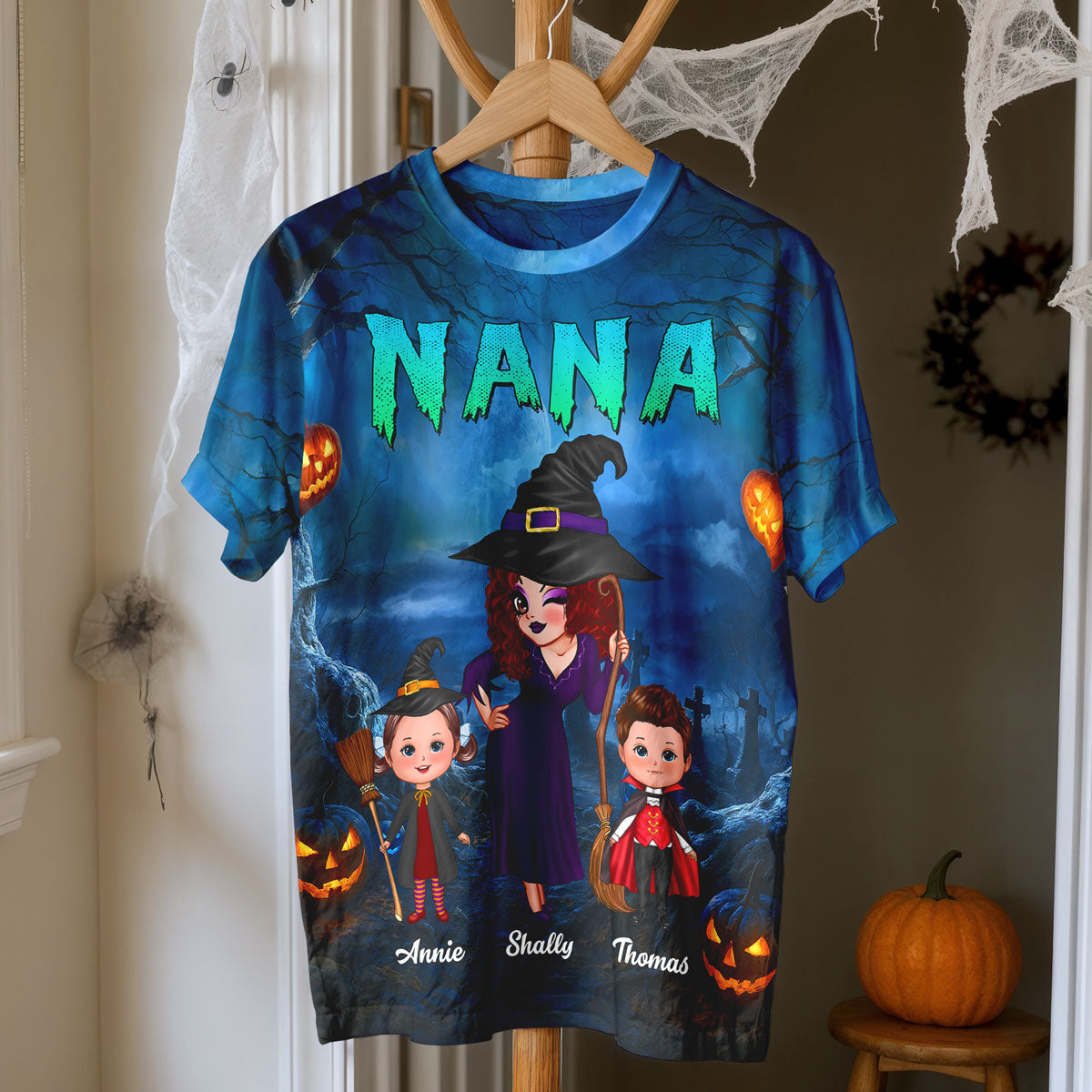 Pretty Grandma Witch & Kids In Halloween Night Personalized Shirt, Halloween Costume for Grandma