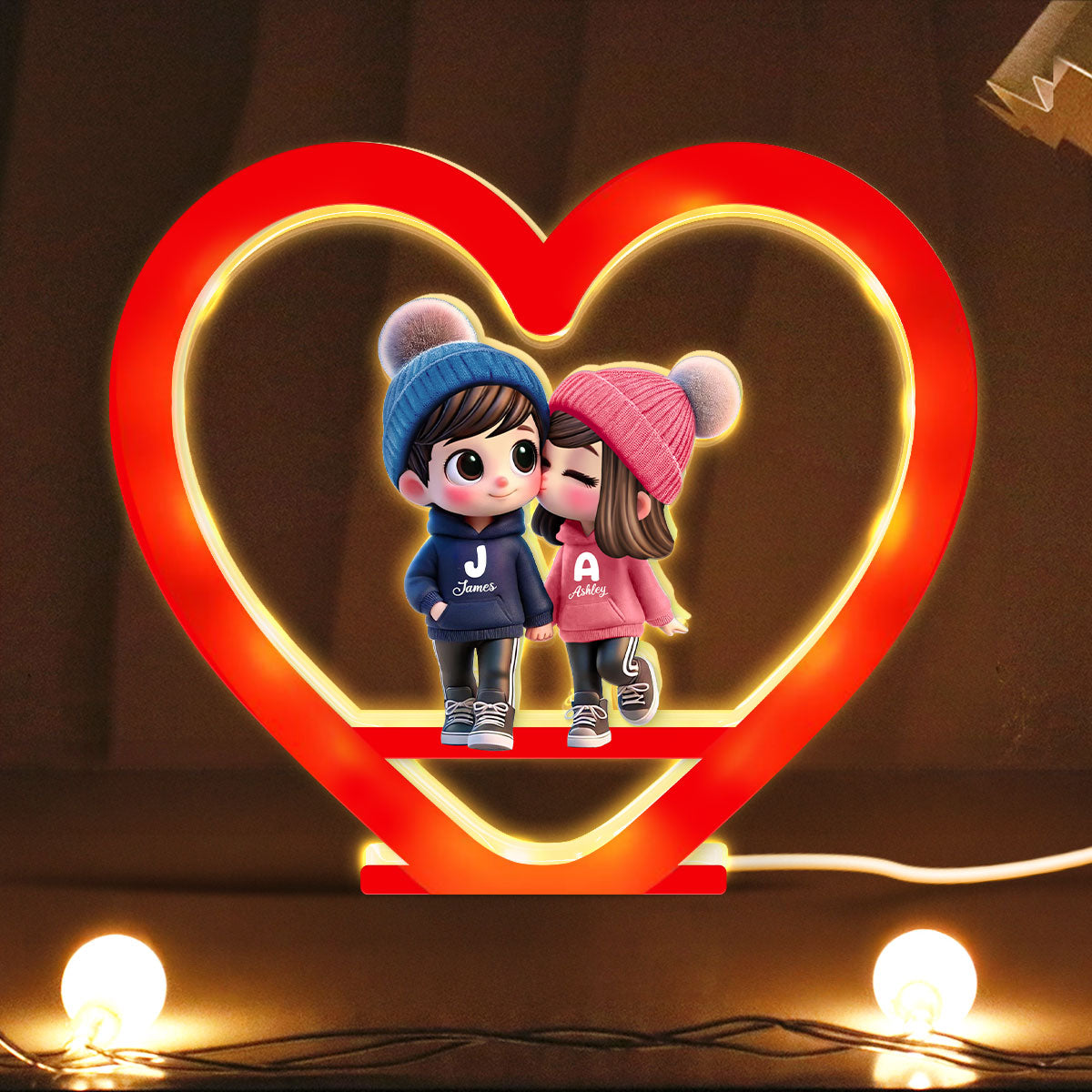 Cute Couple Kissing Heart Shape Personalized Light Box, Anniversary Gift for Him for Her