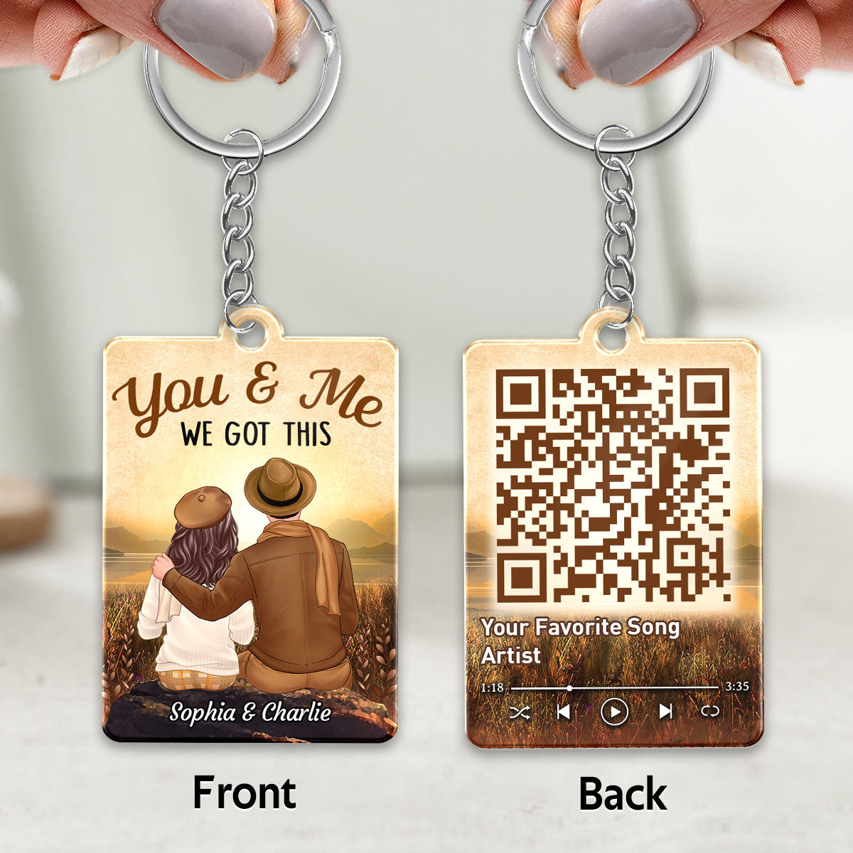 Fall Season Couple Sitting Back View Favorite Song Scannable QR Code Personalized Acrylic Keychain