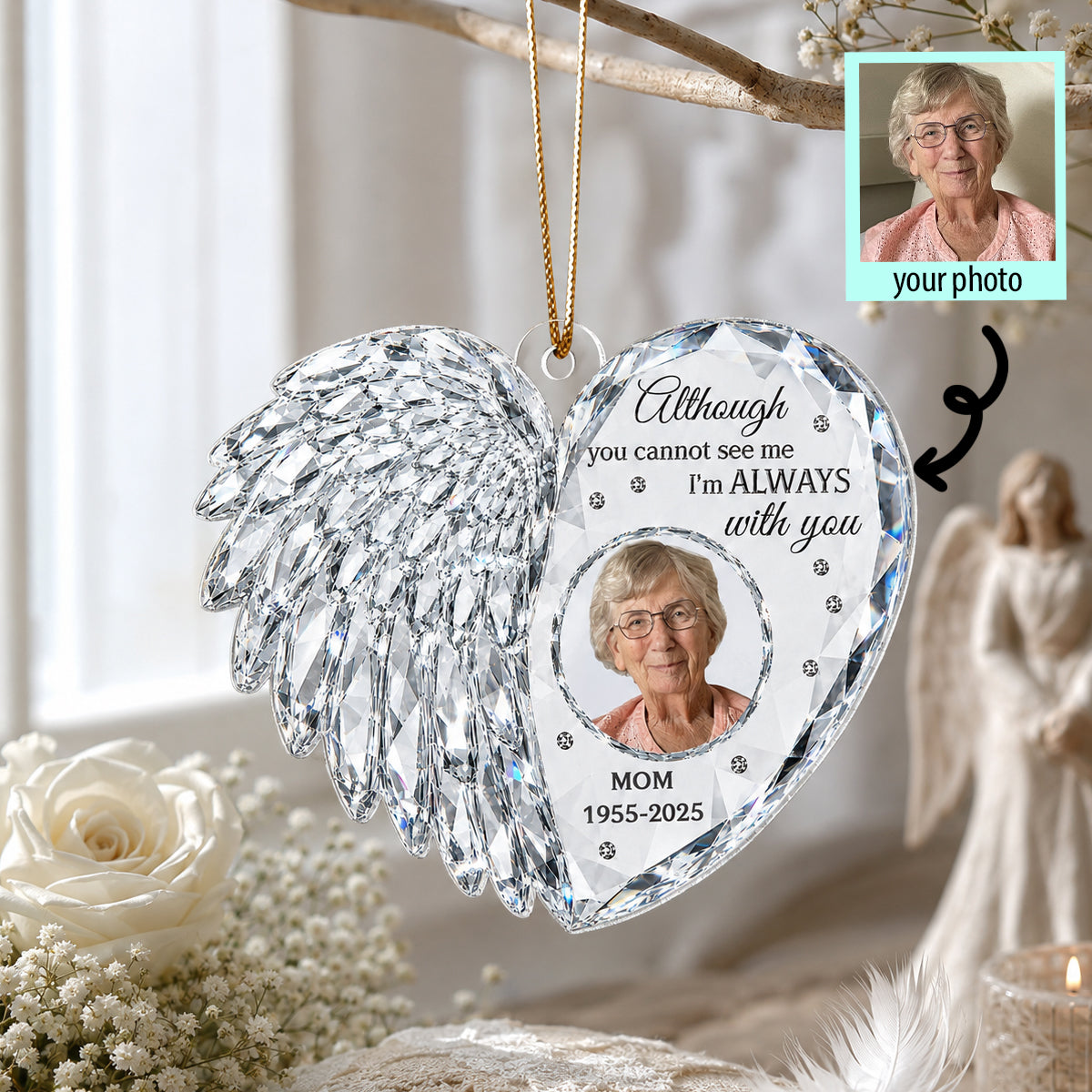 Heart Memorial Angle Wing Custom Photo - Personalized Acrylic Ornament - Memorial Gift For Loss Of Loved Ones