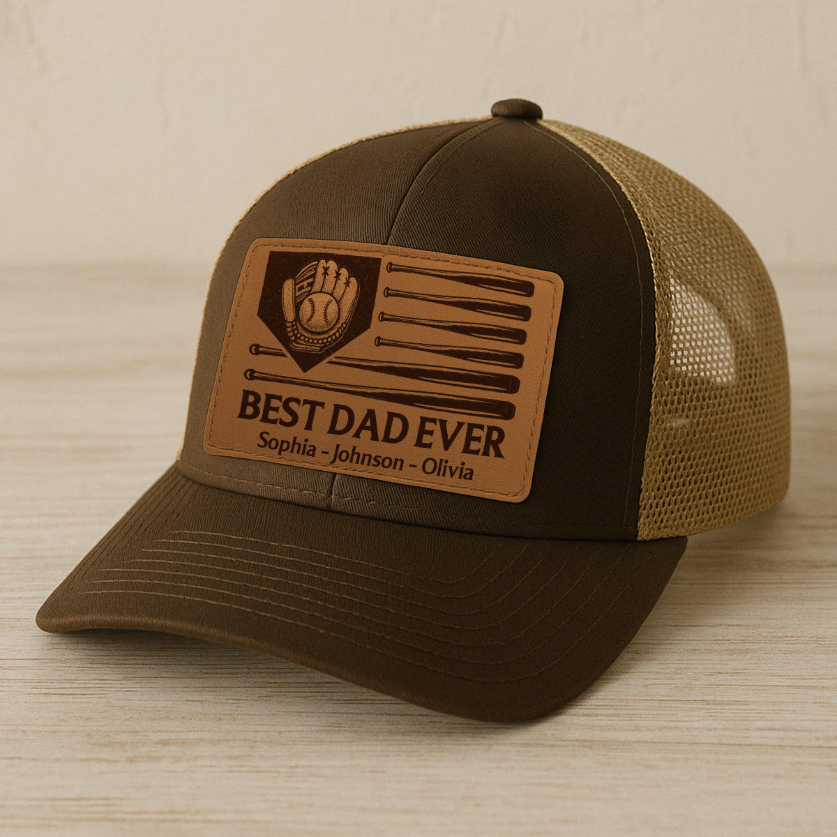 Dad's Home Run Best Dad Ever Baseball Themed Personalized Leather Patch Hat