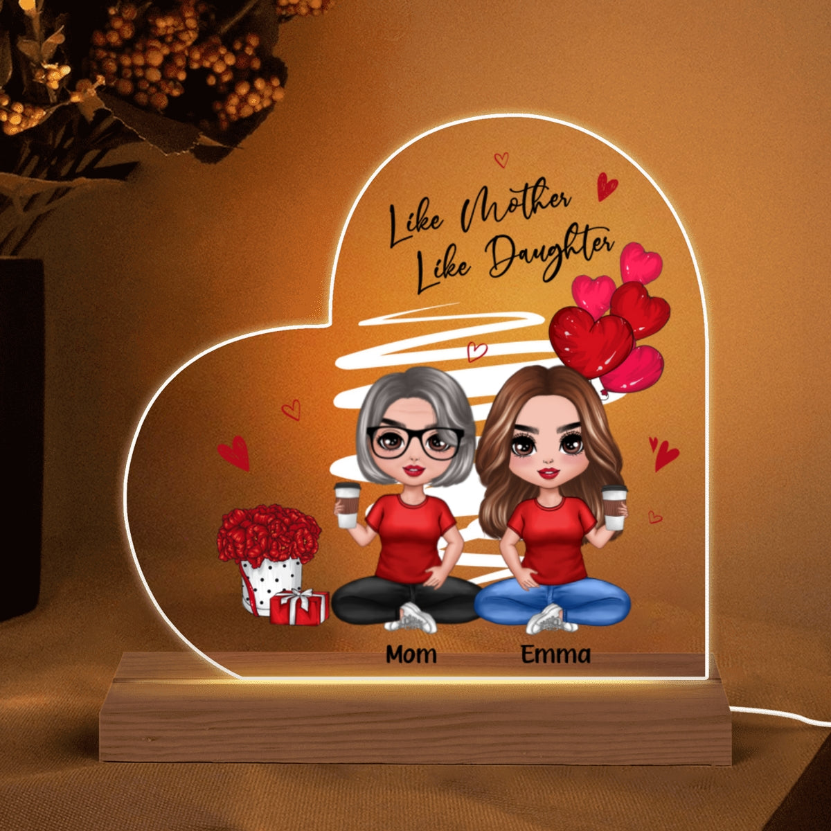 Red Hearts Like Mother Like Daughters Doll Mom And Daughters Sitting Gift For Mom Daughters Personalized Custom Shape Acrylic Plaque LED Night Light