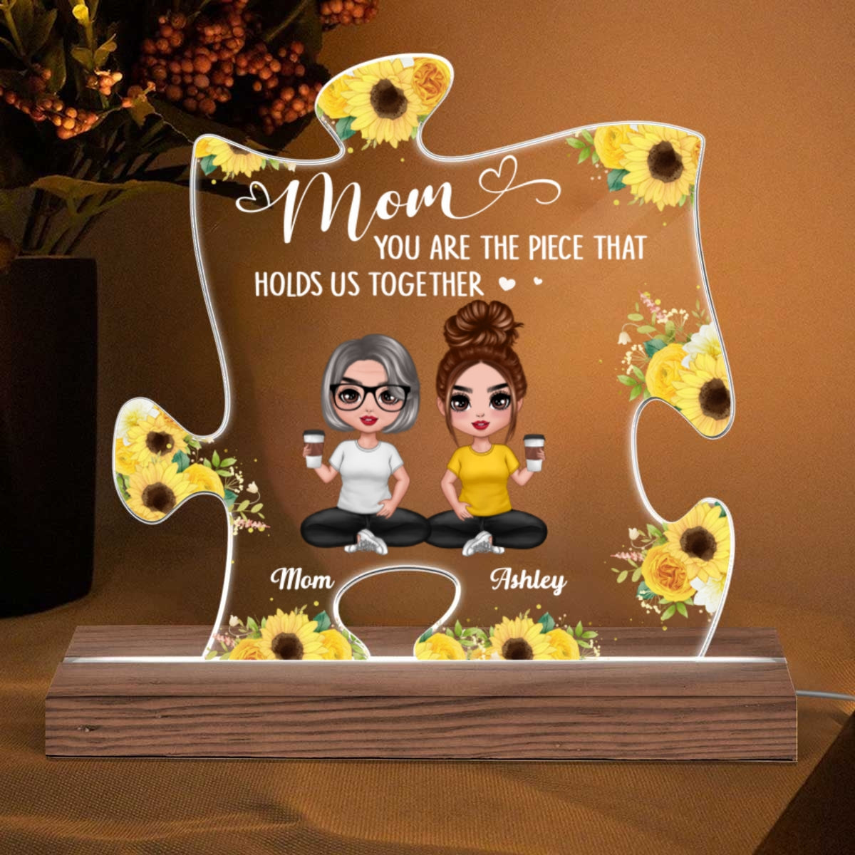 Doll Mom And Daughters Sons Sitting You Are The Piece Holds Us Together Personalized Custom Shape Acrylic Plaque LED Night Light