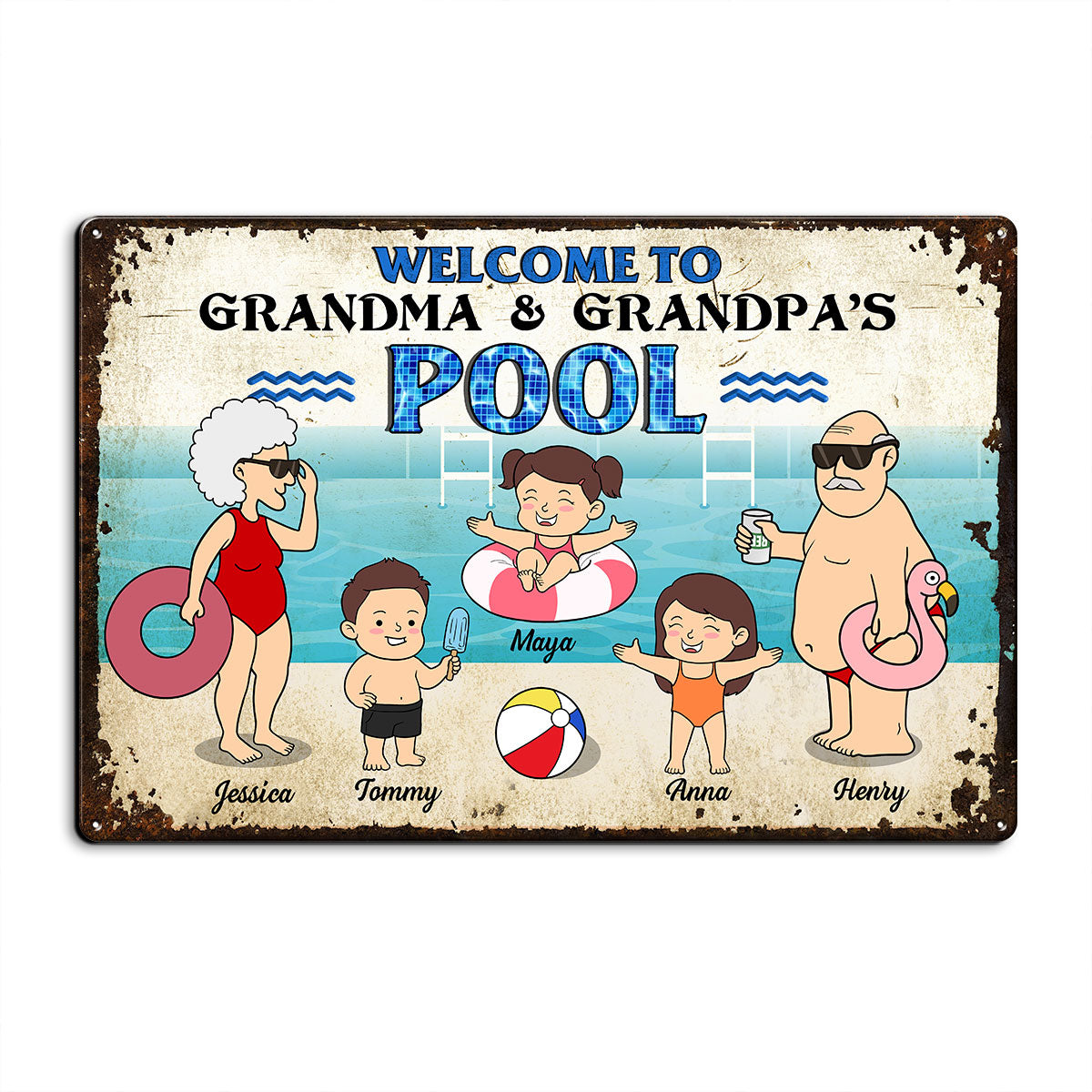 Funny Cartoon Welcome To Grandma Grandpa Pool Personalized Metal Sign