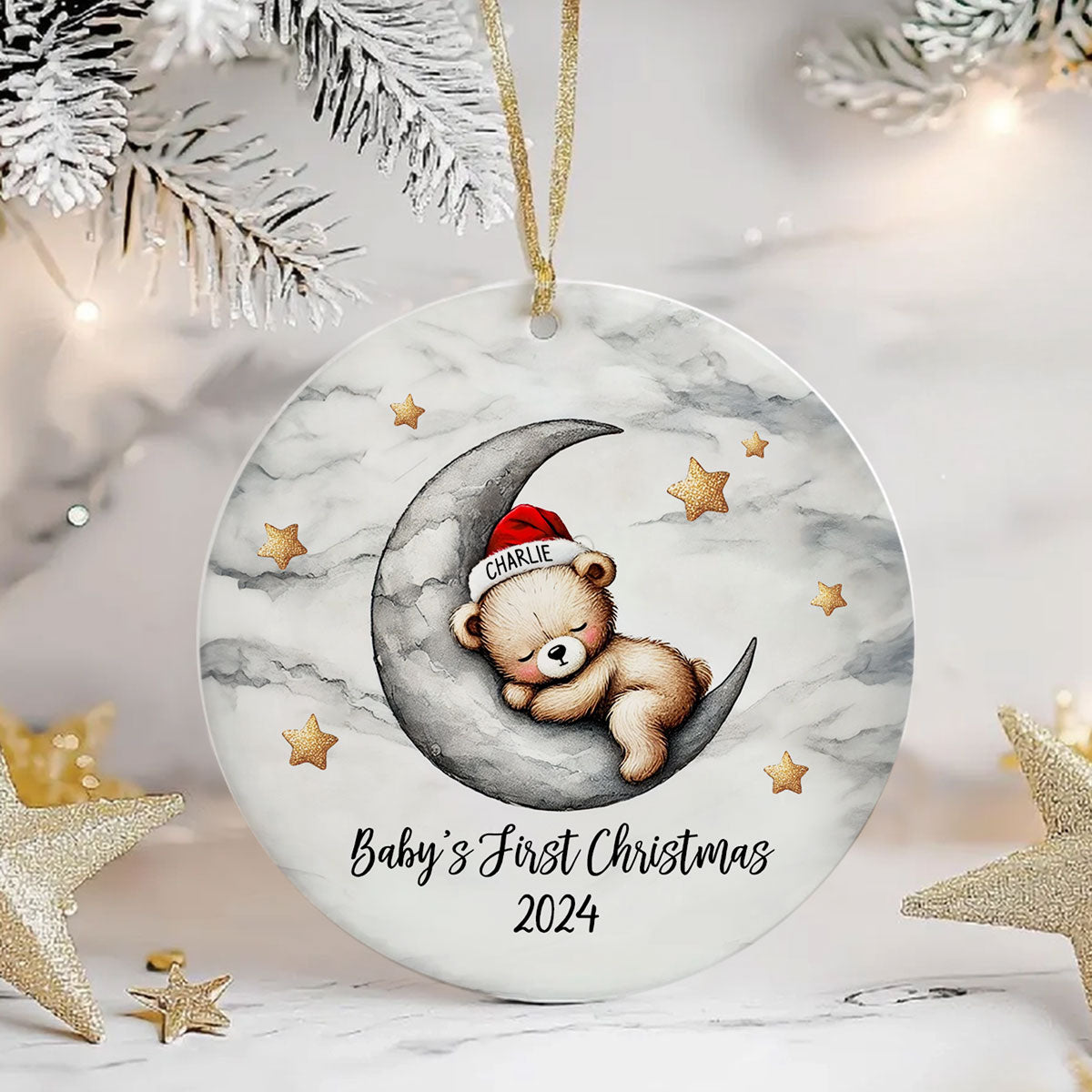 Baby Bear On The Moon, Baby's First Christmas Personalized Ceramic Ornament, Christmas Keepsake for Baby Boy, Baby Girl