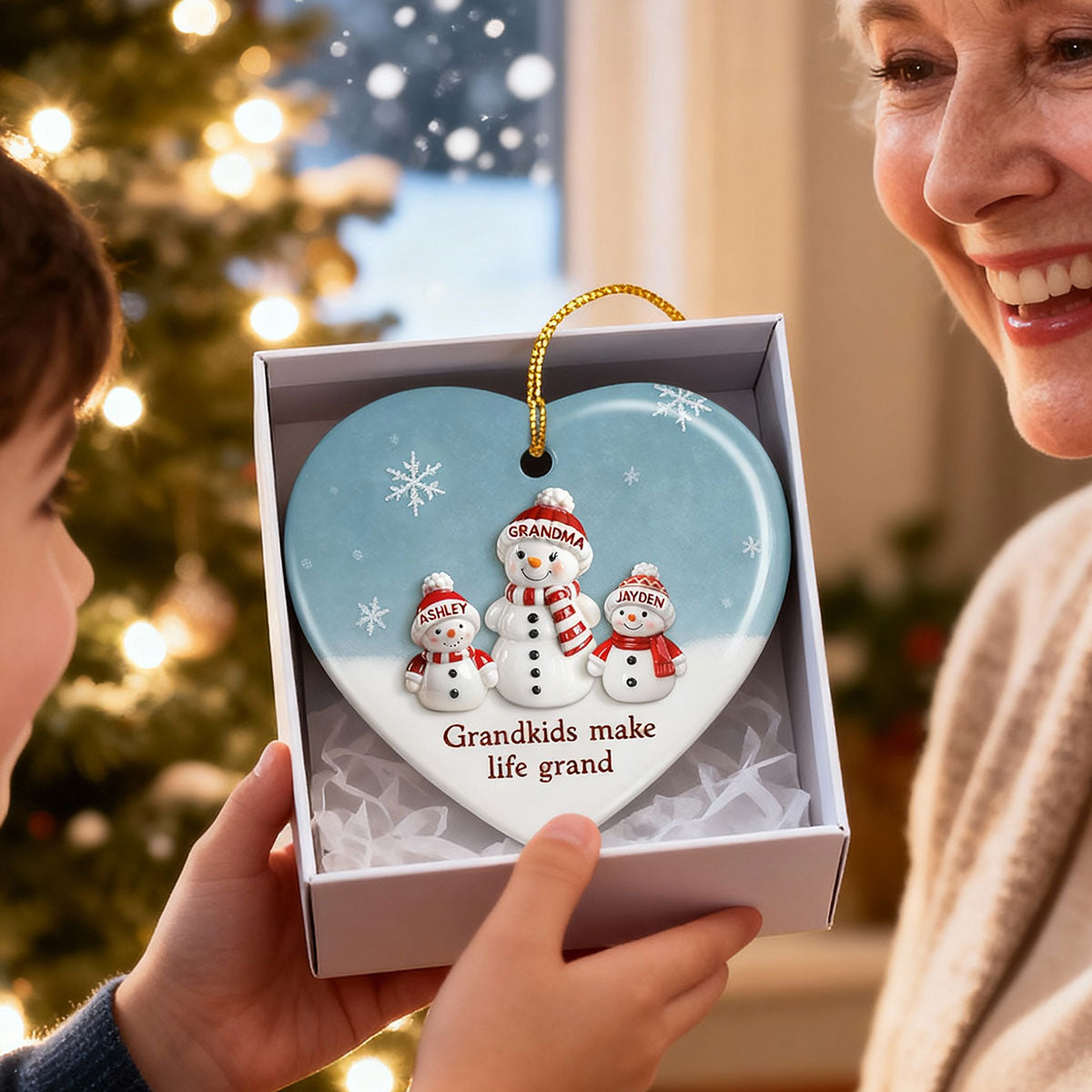 3D Effect Snowman Grandma & Grandkids - Personalized Ceramic Ornament - Christmas Gift For Grandchildren, Grandma