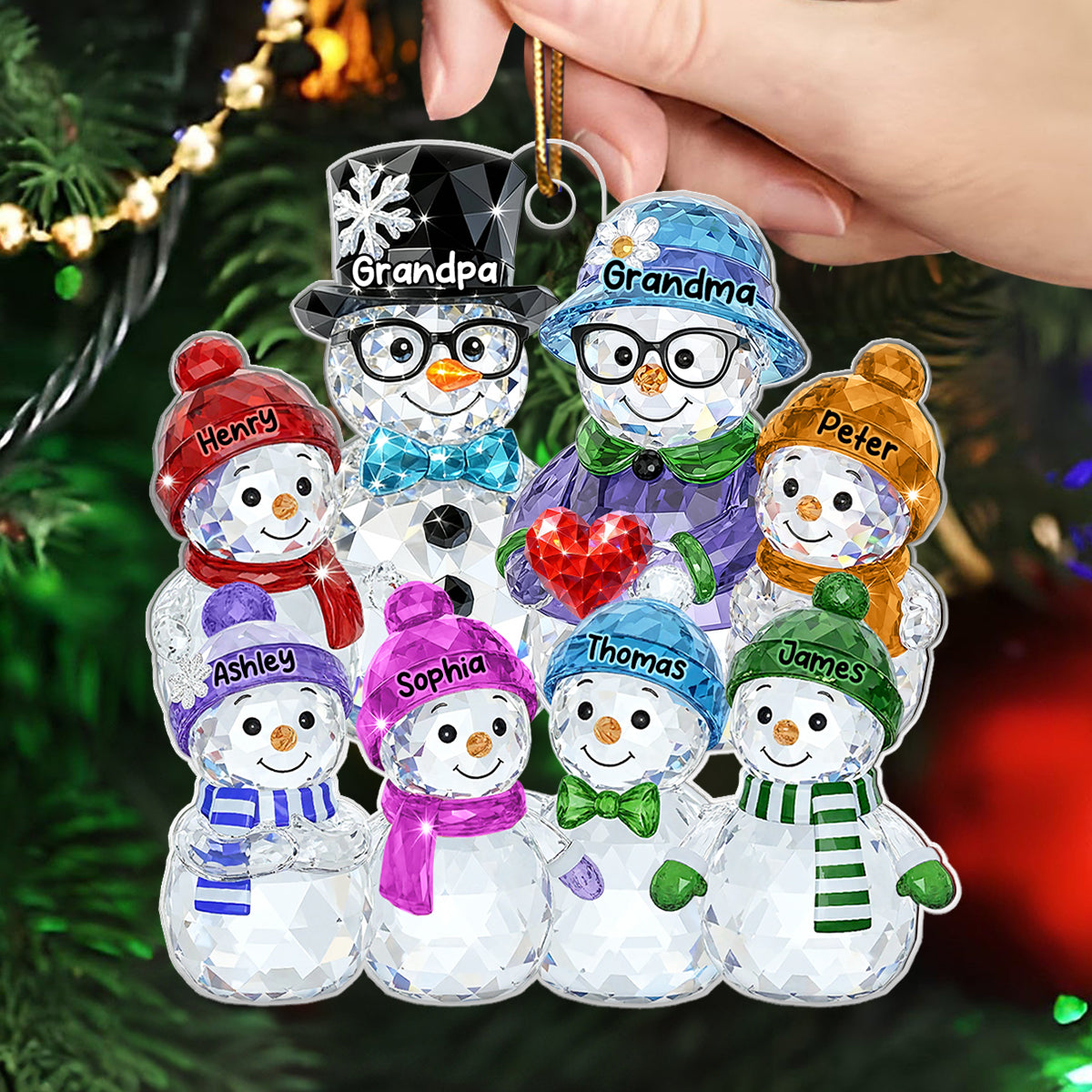 Grandparents And Grankids Snowman Pattern Crystal - Personalized Acrylic Ornament - Heartwarming Christmas Gift For Grandpa, Grandma, Grandparents