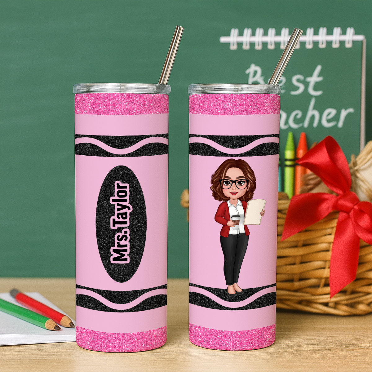 Teacher Custom Name Appreciation Gift Crayon Inspired Personalized Skinny Tumbler