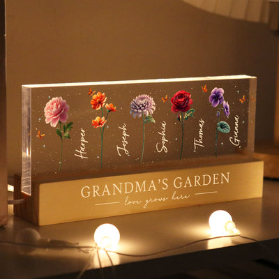 Grandma's Garden 3D Effect Birth Month Flowers Personalized Acrylic Block LED Night Light, Gift For Grandma, Mom