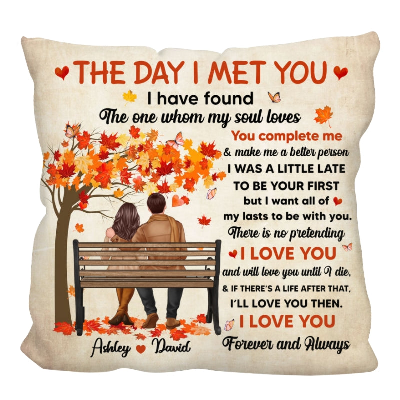 I Met You Couple Fall Season Couple On Bench Personalized Pillow