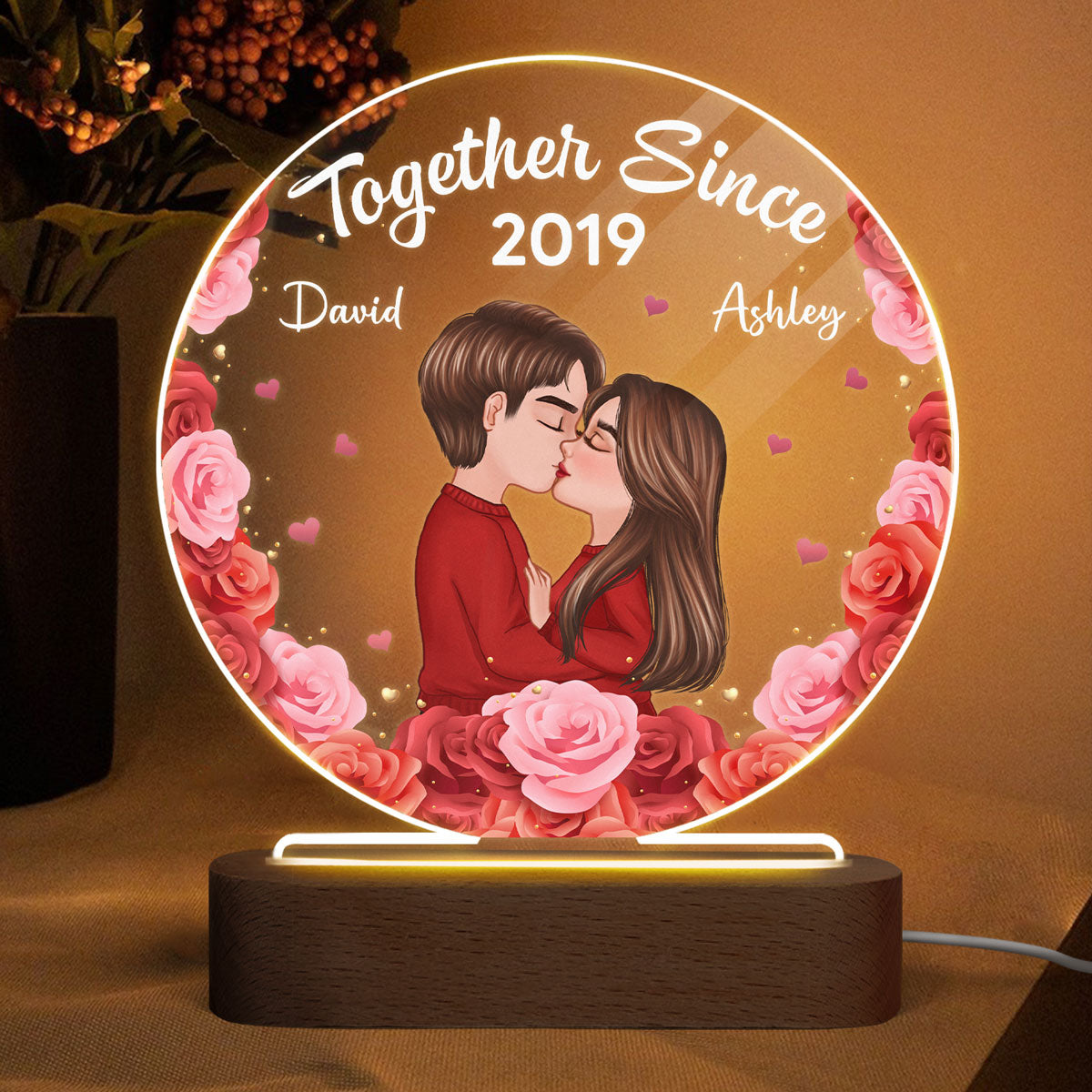 Doll Couple Kissing Personalized Circle Plaque LED Night Light