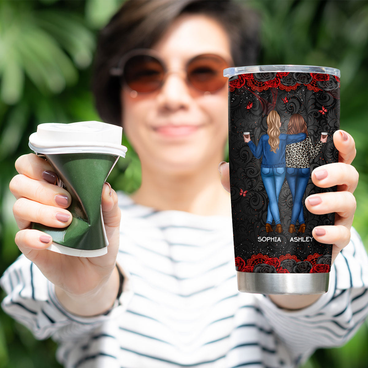 I'd Punch A Bitch For You Gift For Besties Black & Red Roses Personalized Tumbler
