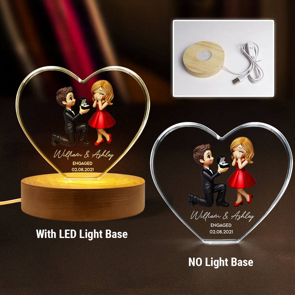 Marriage Proposal 3D Effect Personalized Crystal Heart LED,  Engagement Gift for her, Free Delivery