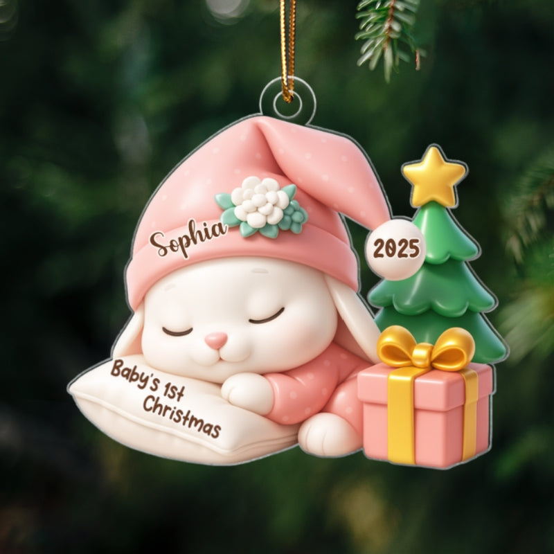 Baby's 1st Christmas Sleeping Bunny in Soft Pajamas Personalized Acrylic Ornament, Christmas Keepsake for New Mom, Dad