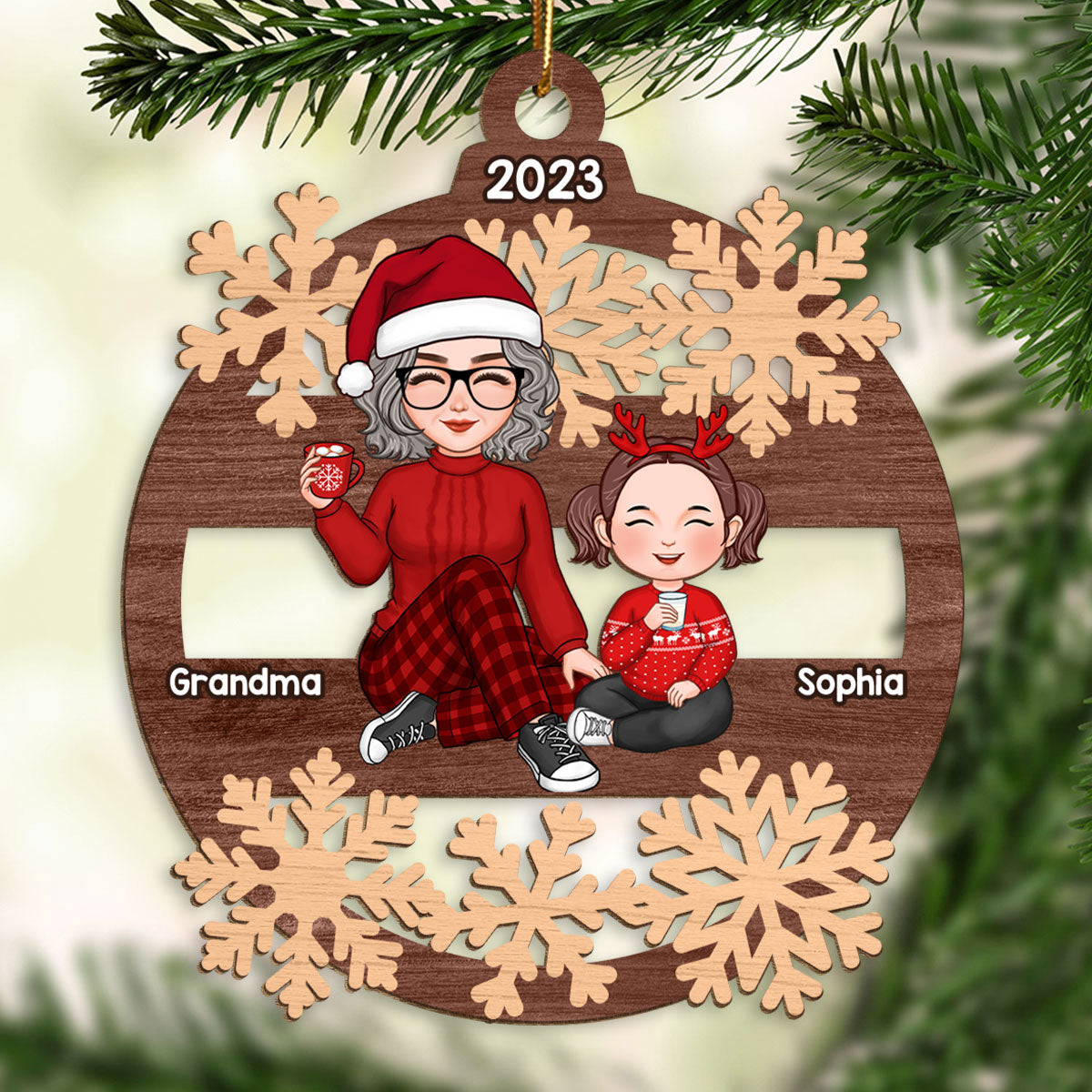 Cute Grandma And Grandkid Sitting In Snowflake Christmas Personalized Wooden Ornament